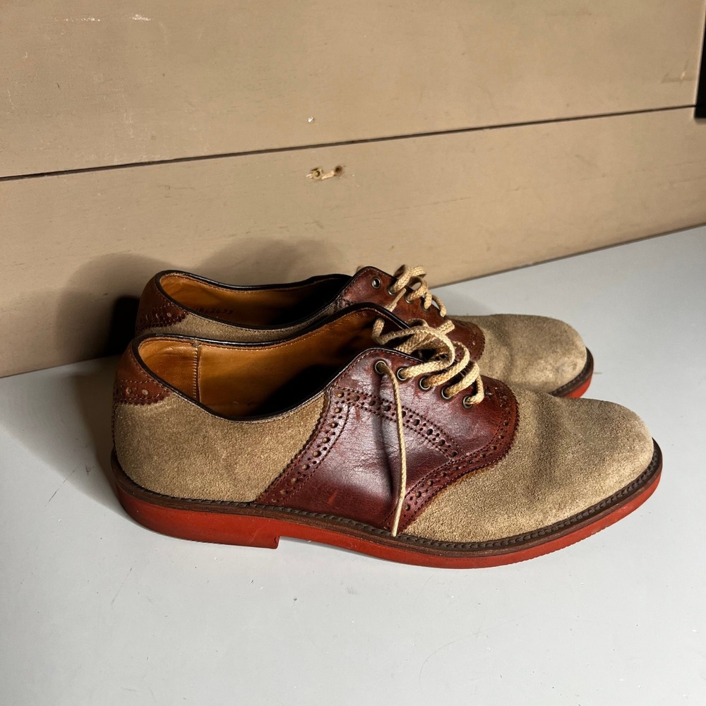 Walk-Over Vintage Saddle Shoes Mens 9 Brown Leather Tan Suede Red Brick Sole